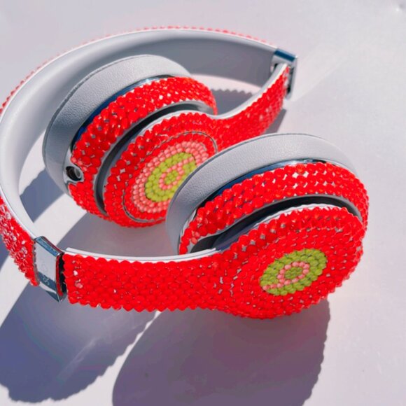 Solo 3 Wireless Bedazzled Beats with Neon Orange Rhinestones | Glow in The Dark - Picture 2 of 3